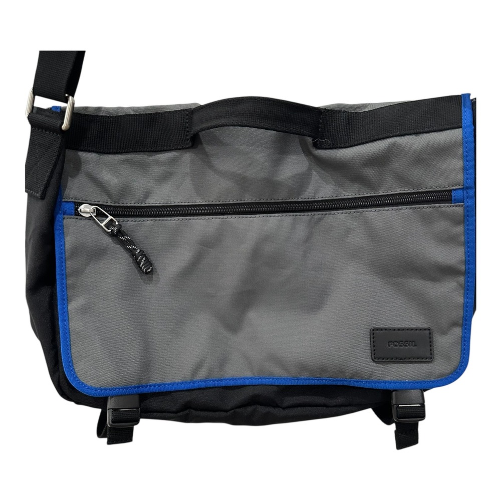 Fossil Travis Gray Black Messenger Bag w Blue Trim Shoulder Bags Work‎ School